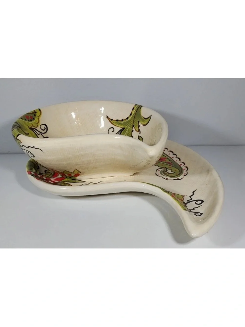 Pier 1 Imports Earthenware Jardine Paisley Shaped Plate/Salsa Dish Hand Painted